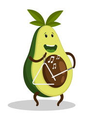 Cheerful musician avocado fruit plays a melody on a musical triangle by striking a thin metal stick. Cartoon vector isolated on white background