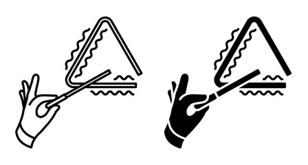 Line icon. Musician hand plays a melody on a musical triangle by striking a thin metal stick. Simple black and white vector isolated on white background