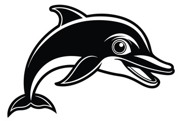 Black silhouette reveals a cheerful playful dolphin swimming gracefully, showcasing its form