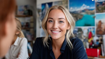 "Woman smiling at camera in a room with maps and travel-related items."