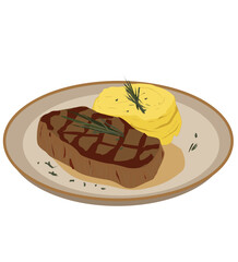 Mashed potatoes with meat.Plate with steak and mash