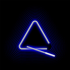 Triangular musical instrument glows in the dark with neon light and vibrating at different frequencies from the blow of a short metal stick. Realistic vector isolated on black background
