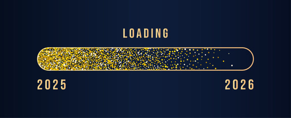2026 Happy New Year Background. Loading bar with flowing golden dots particles on dark blue background . Vector Illustration for New Year 2026greeting card, banner, poster, flyer festive design.