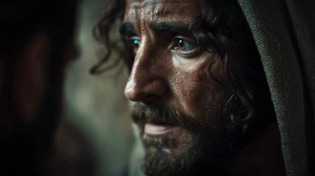 Photorealistic depiction of a tense moment as Jesus predicts Peter's denial, capturing deep emotion and introspection in a biblical context. (Matthew 26:34)