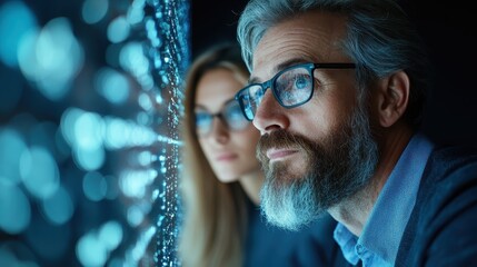 A captivating scene featuring a bearded man and a woman deep in concentration, illuminated by glowing digital effects, showcasing modernity and collaboration in a tech-driven world.