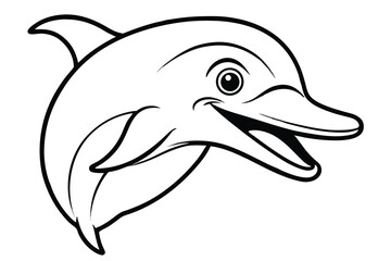 A stylized black outline drawing shows a dolphin smiling with its mouth slightly open