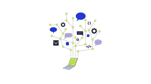 Laptop generating communication and coding tree structure 2D animation. Programming, web development, IT speech bubbles animated object cartoon flat concept metaphor 4K video isolated on white