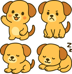 cute cartoon brown puppies in various poses and expressions for kids vector animal illustration