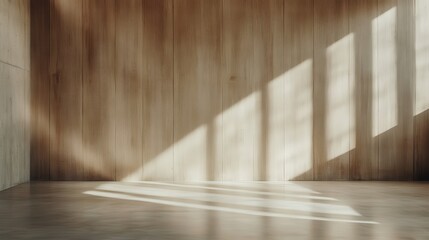 This image features a serene interior space showcasing wooden textures with soft sunlight streaming through, creating a warm, inviting atmosphere, perfect for interior design inspiration.