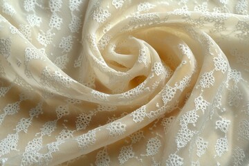 Fototapeta premium Delicate, cream-colored fabric, swirling in a spiral pattern. Fine white embroidery