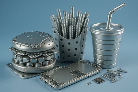 Creative arrangement of metallic fasteners, electronic parts, and bolts styled as burger, fries, and drink on blue background - Powered by Adobe