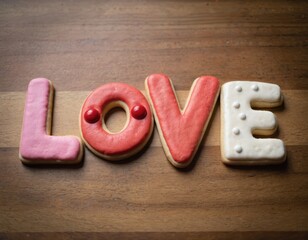 Homemade colored cookies arranged to spell word LOVE on wooden table. Cookies feature frosting, glazed icing for Valentine Day holiday. Sweet snack baked treat for celebration. Decoration concept.