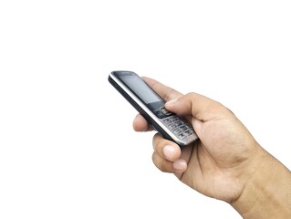 Man hand holding old handphone isolated on white background	