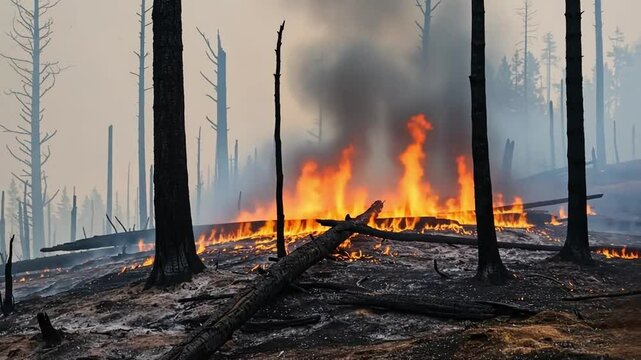 A wildfire burns through a forest, creating a dramatic scene of destruction.