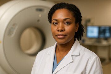 Confident female radiologist standing in front of a modern ct scanner in a hospital diagnostic imaging room