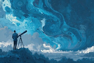 Illustration of man with telescope observing the future, business concept