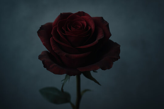 Elegant deep red rose in dramatic low light with delicate petals and a single green stem against a moody dark background