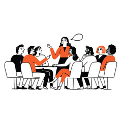 A female employee or officer is explaining to her coworker. Hand-drawn vector illustration.