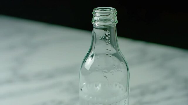 Clear unlabeled drink bottle on marble table with light condensation 