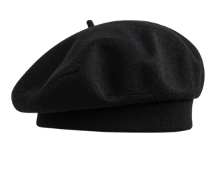 Black Woolen Beret Tilted Stylishly, side angle, isolated on transparent background PNG