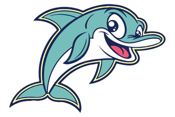 Adorable cartoon dolphin with wide smile and big eyes seems very happy and cheerful