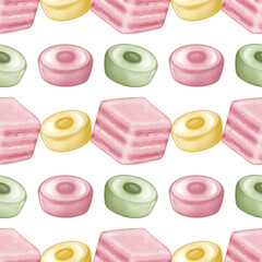 Seamless pattern of Thai Traditional Desserts Cute Collection hand drawn style illustrations on  transparent background.