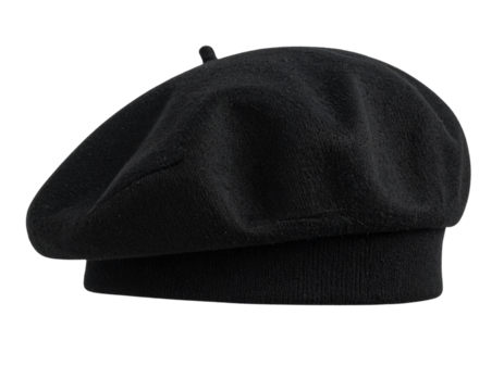 Black Woolen Beret Tilted Stylishly, side angle, isolated on transparent background PNG