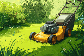 Obraz premium Robotic lawn mower trims grass in a garden