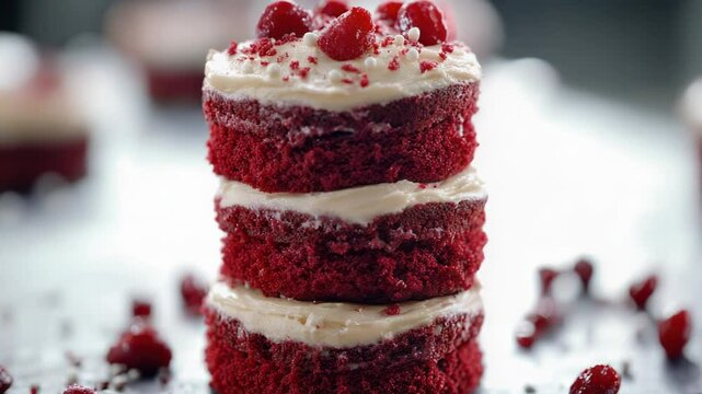 A stack of red velvet cupcakes with cream frosting and fresh raspberries