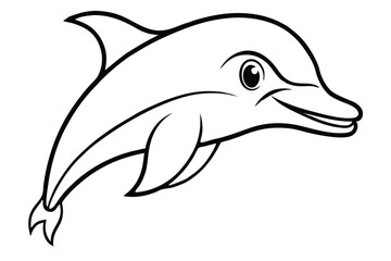 Line art reveals a cheerful dolphin swimming freely with a gentle smile displayed
