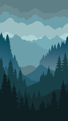 Serene layered mountain landscape with dark pine forest silhouette
