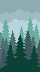 Misty forest landscape with layers of evergreen trees and soft clouds