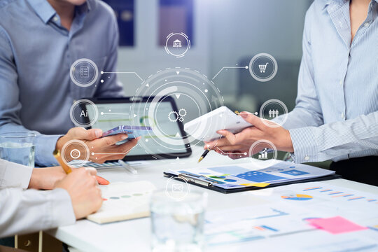 Working team meeting concept, business using laptop and smart phone and digital tablet computer with digital marketing media