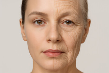 Split face of woman showing youthful and aged skin comparison, demonstrating age progression, skincare effects, and facial transformation