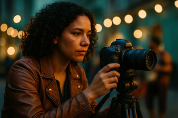 Focused woman adjusting camera on tripod outdoors during evening, preparing for creative urban with dramatic lighting