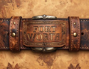 Leather belt with fort worth buckle on textured background