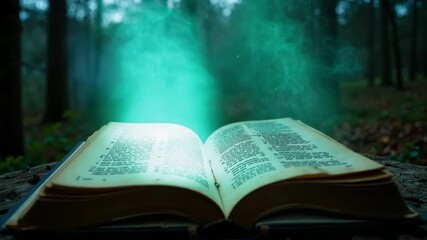 Mysterious old book glowing in dark forest. Open ancient book with magic light emanating from pages.  Spooky Halloween concept perfect for video Halloween intro sequence.