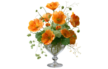 Fairy-tale-style flower arrangement, with orange and green flowers in a vase, against a white background