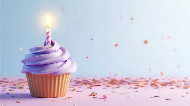 Festive cupcake with lit candle and pink sprinkles. Birthday cupcake with purple frosting and golden confetti. Delicious birthday treat perfect for celebratory video.