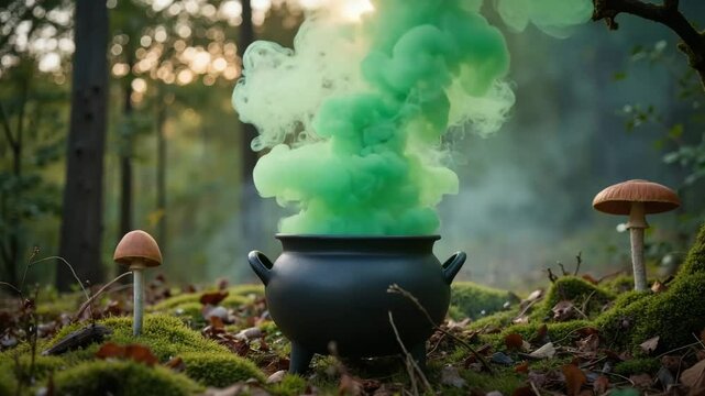 Halloween cauldron with green smoke and mushrooms in forest. Black cauldron filled with magical potion emits spooky green smoke. Halloween scene with toadstools and moss.