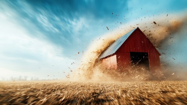 A dramatic shot of a red barn suddenly clouded by swirling dust, capturing the essence of rural life and the unpredictable beauty of nature's elements in a captivating manner.