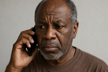 Worried senior man listening to important phone call indoors, showing serious emotion and concern on his face