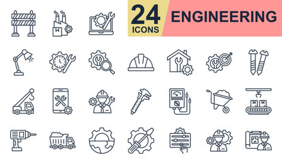Engineering Icons set vector illustration. Containing manufacturing, real estate, engineer, time management, construction and more. Simple line icons collection.