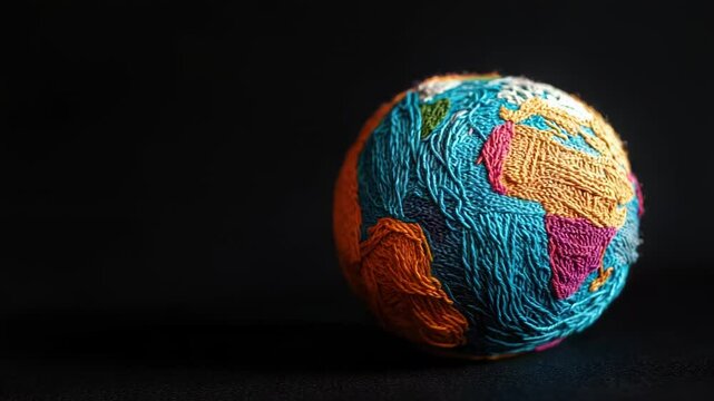 A colorful ball of yarn with a map of the world printed on it, perfect for geography lessons or cultural events