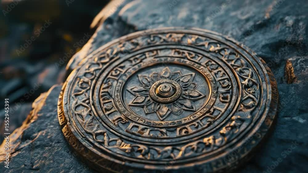 Poster a detailed view of a stone featuring a decorative medallion, suitable for use in historical or fanta
