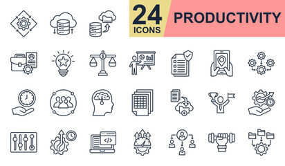 Productivity Icons set vector illustration. Containing automated process, professional portfolio, save time, organization, improvement and more. Simple line icons collection.