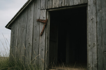 Weathered wooden barn with open door in rural field under overcast sky, featuring aged wood texture and tall wild grass