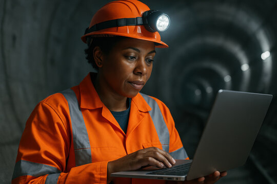 Female engineer in orange safety gear using laptop for inspection inside an underground tunnel, focused on mining operations