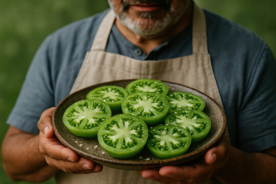 Middle aged man in apron holding a plate of fresh green tomato slices, showcasing healthy homemade vegetable preparation - Powered by Adobe