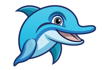 Smiling turquoise dolphin with cheerful expression swims joyfully on white background, showcasing marine charm
